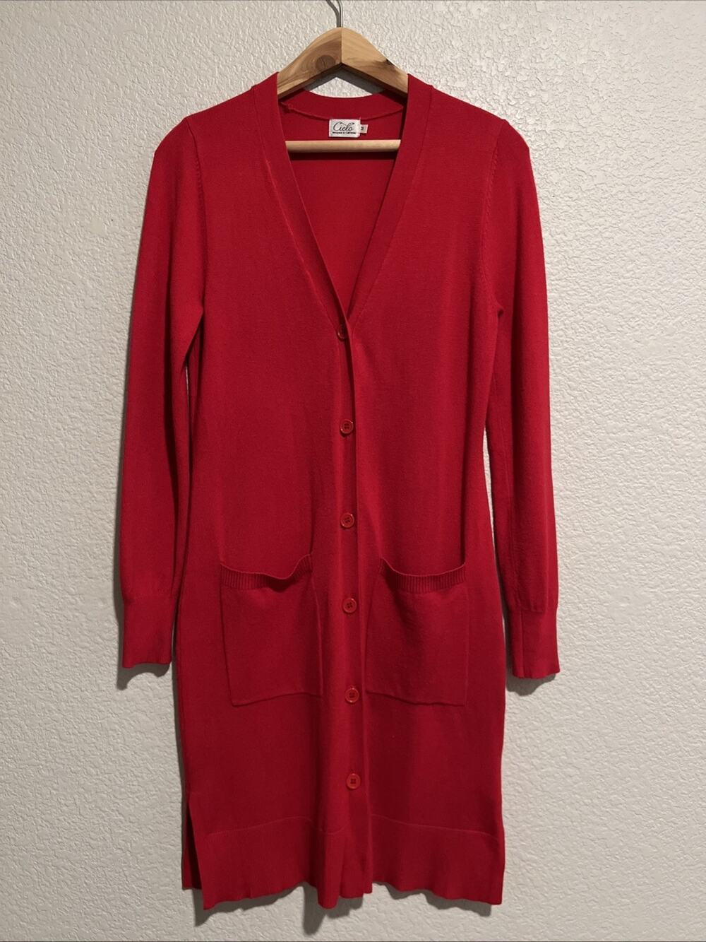 Cielo Minimalist Quiet Luxury Cardigan Long Duster Lagenlook Coastal Career Red